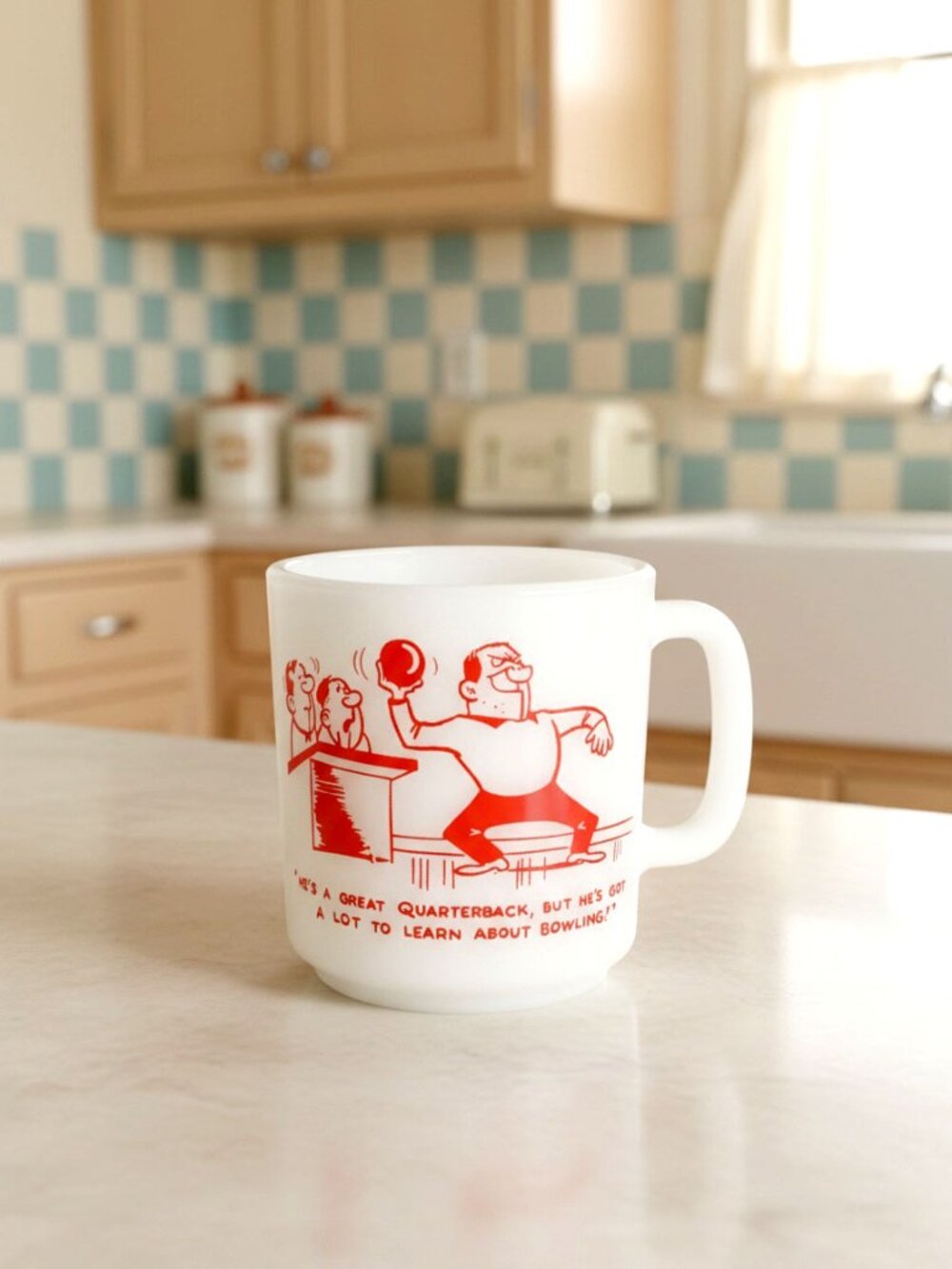 Vtg Glasbake Milkglass Retro Funny Bowling Mug